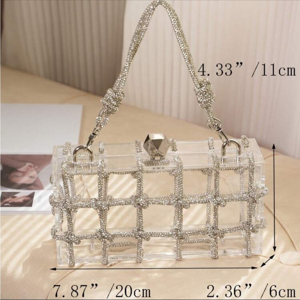 Clear Acrylic Evening Clutch with Silver Crystal Grid - Picture 4 of 4